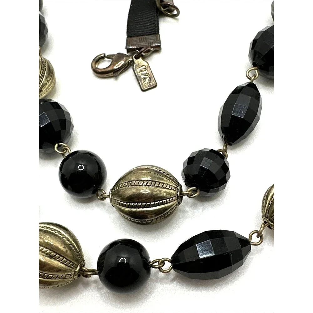 1928 Brand Black Gold Bead Necklace Faceted Floral Cabochon Ribbon Statement 24
